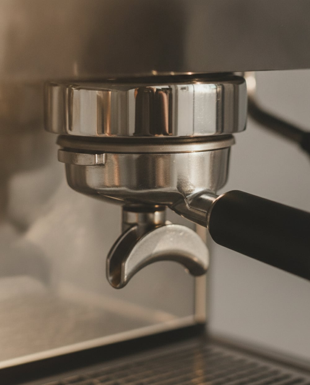 Macro of a bottomless portafilter locked into a stainless steel espresso group head